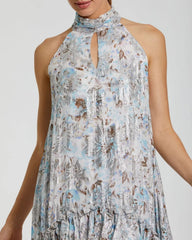 Multicolor Floral High Neck Keyhole Ruffle Mini Dress