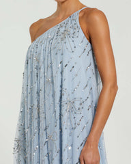 Blue One Shoulder Bow Embellished High Low Gown