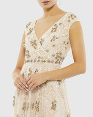 Pink Embellished Wrap Over Cap Sleeve A-Line Gown