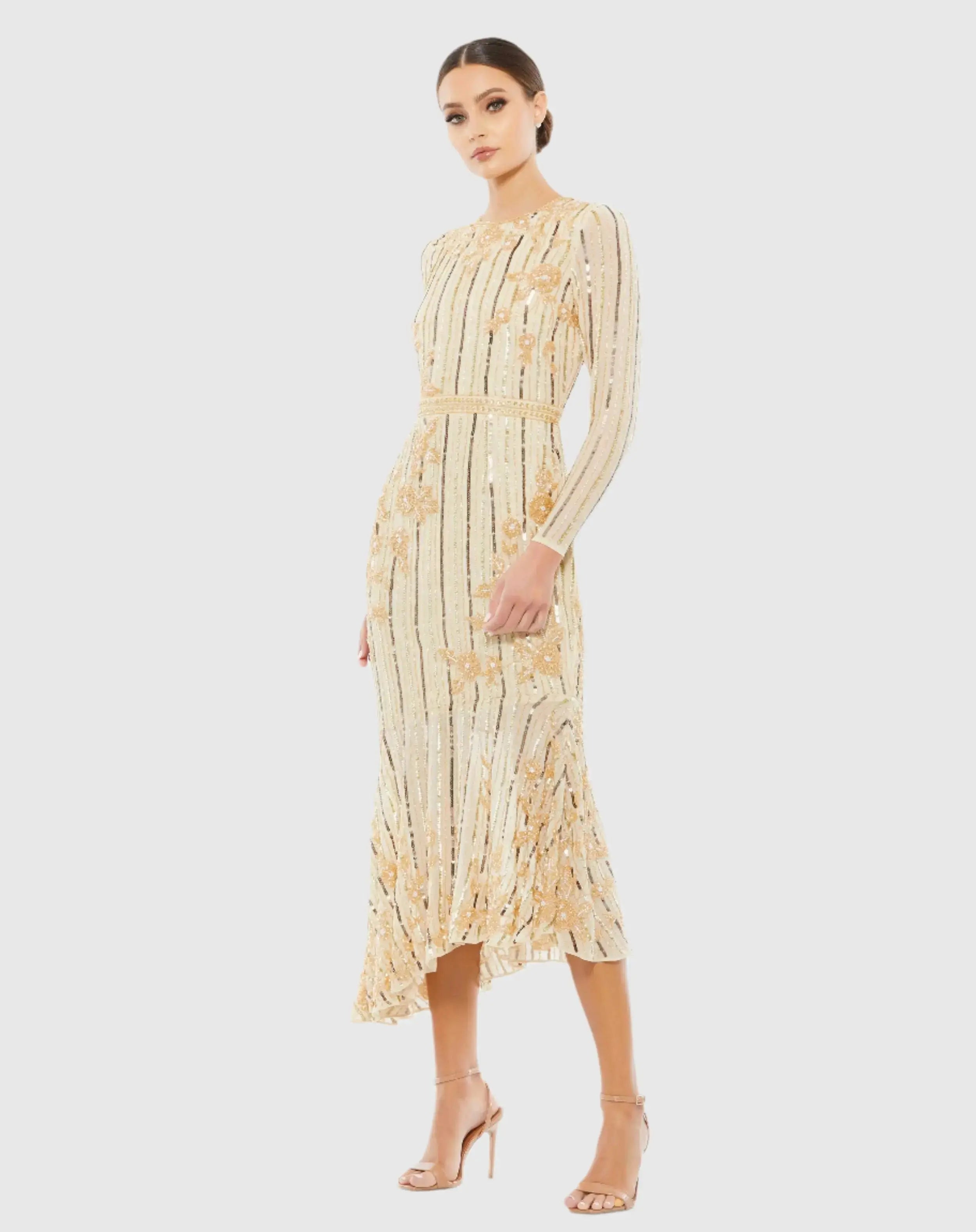 Long Sleeve Embellished Tea Length Dress