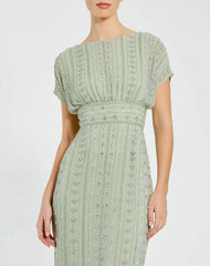 Green Beaded Cap Sleeve Empire Waist Sheath Midi Dress