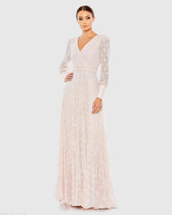 Pink Beaded Lace Long Sleeve Wrap Over Gown - FINAL SALE