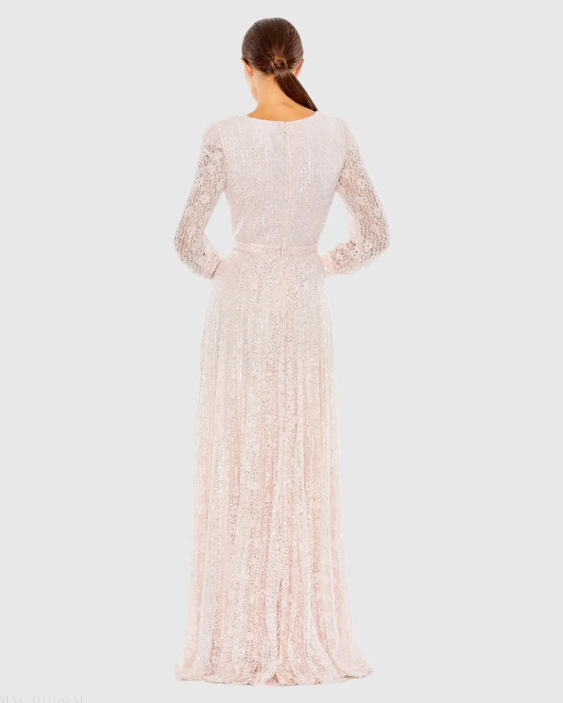 Pink Beaded Lace Long Sleeve Wrap Over Gown - FINAL SALE