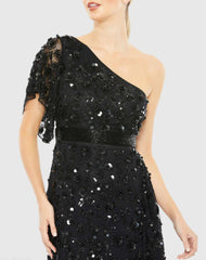 Black One Shoulder Beaded Embellished Gown with Asymmetrical Hem