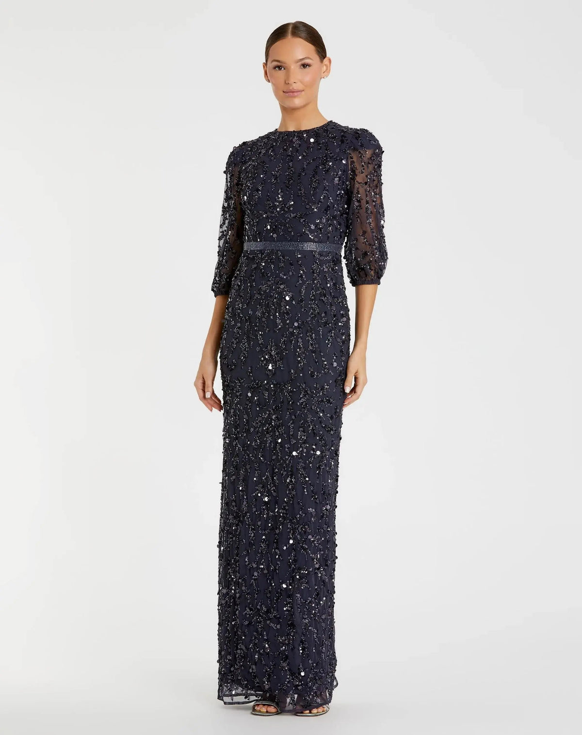 Embellished Column Gown with 3/4 Sleeves