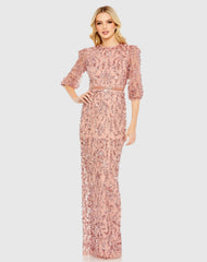 Embellished Column Gown with 3/4 Sleeves