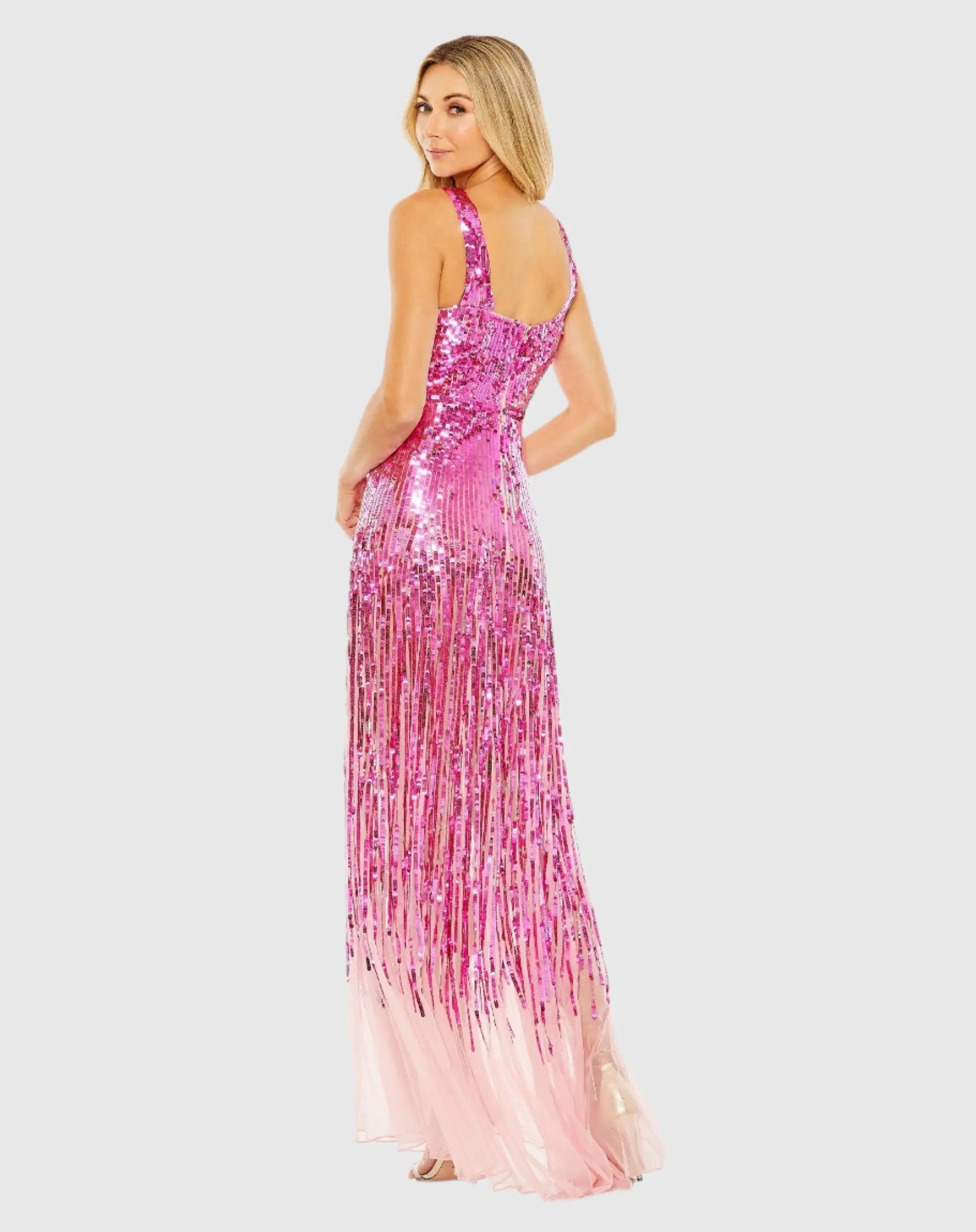 Pink Sequined Cross Front Mesh Detailed Gown
