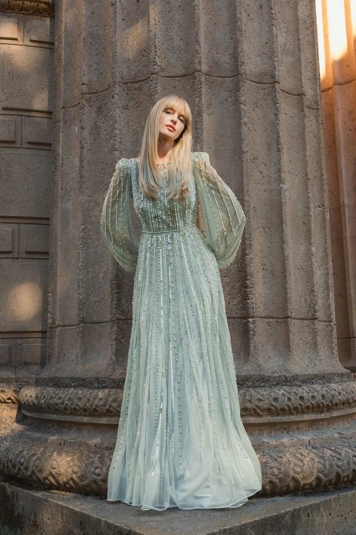 Green Boat Neck Long Sleeve Beaded Gown