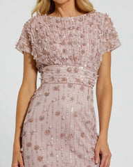 Pink Cap Sleeve Sheath Midi Dress With Floral Beading
