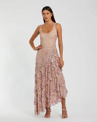 Pink Asymmetrical Scallop Hem Embellished Dress