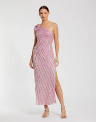 Pink One Shoulder Beaded Mesh Dress With Flower