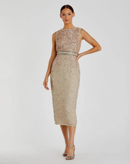 Sleeveless High Neck Beaded Midi Sheath Dress