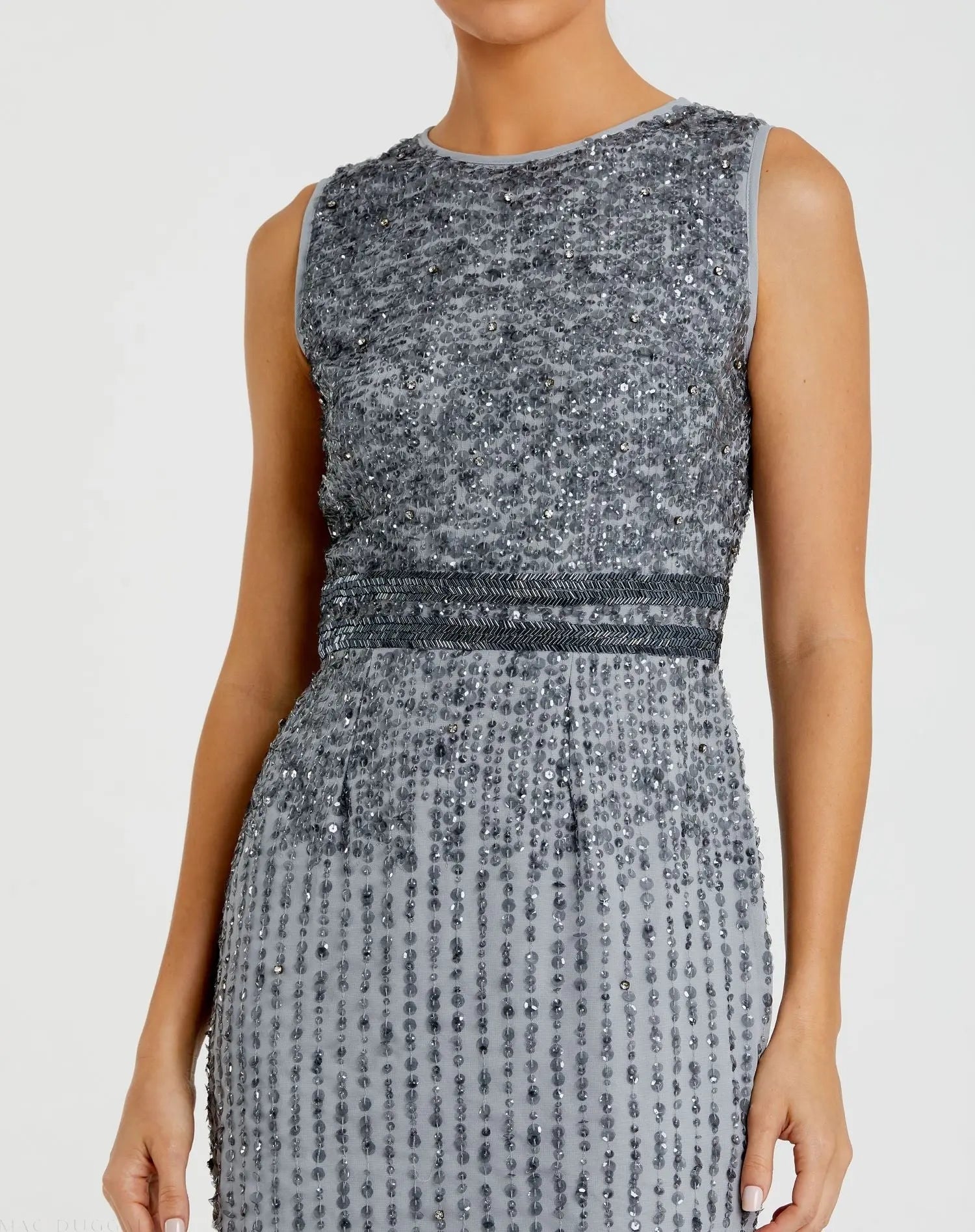 Gray Sleeveless High Neck Beaded Midi Sheath Dress - FINAL SALE