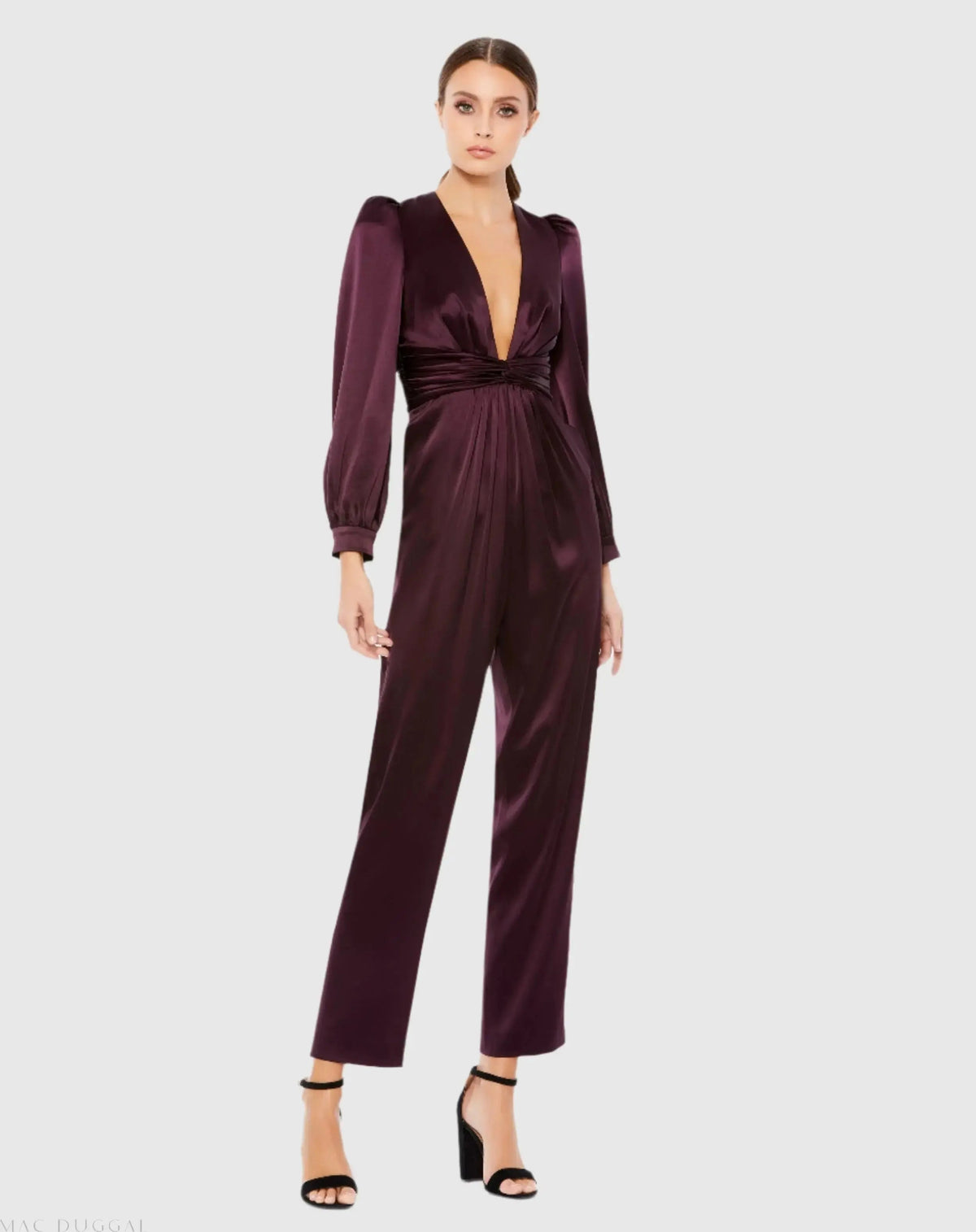 Purple Front Twist Puff Sleeve Deep V Jumpsuit