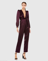 Purple Front Twist Puff Sleeve Deep V Jumpsuit