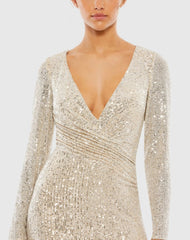 Beige Sequined Faux Wrap Long Sleeve Column Gown