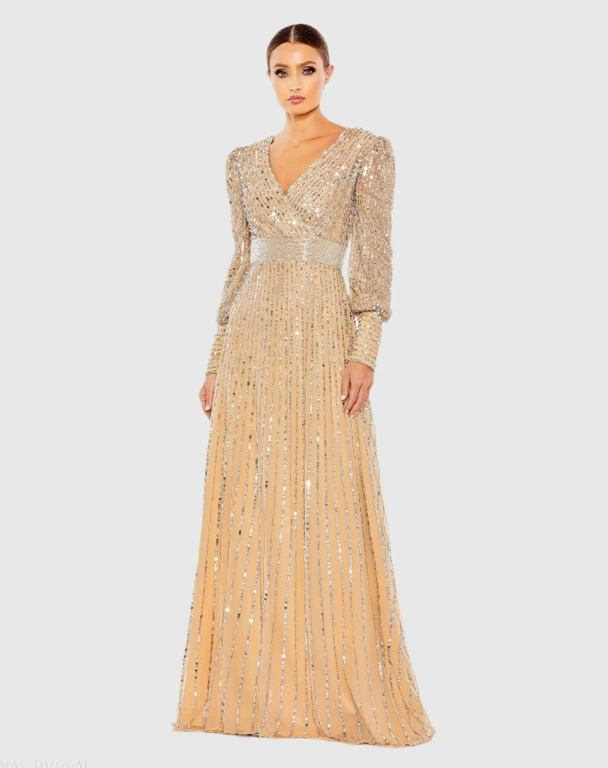 Sequined Wrap Over Bishop Sleeve Gown