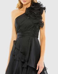 Black One Shoulder Ruffle Hi-Low Gown