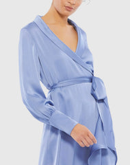 Blue Long Sleeve Faux Wrap Midi Dress