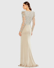 Beige Embellished Faux Wrap Illusion Puff Sleeve Gown