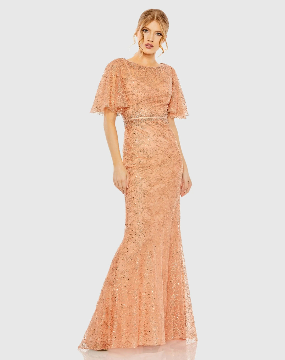 Orange Embellished Neck Butterfly Sleeve Trumpet Gown - FINAL SALE