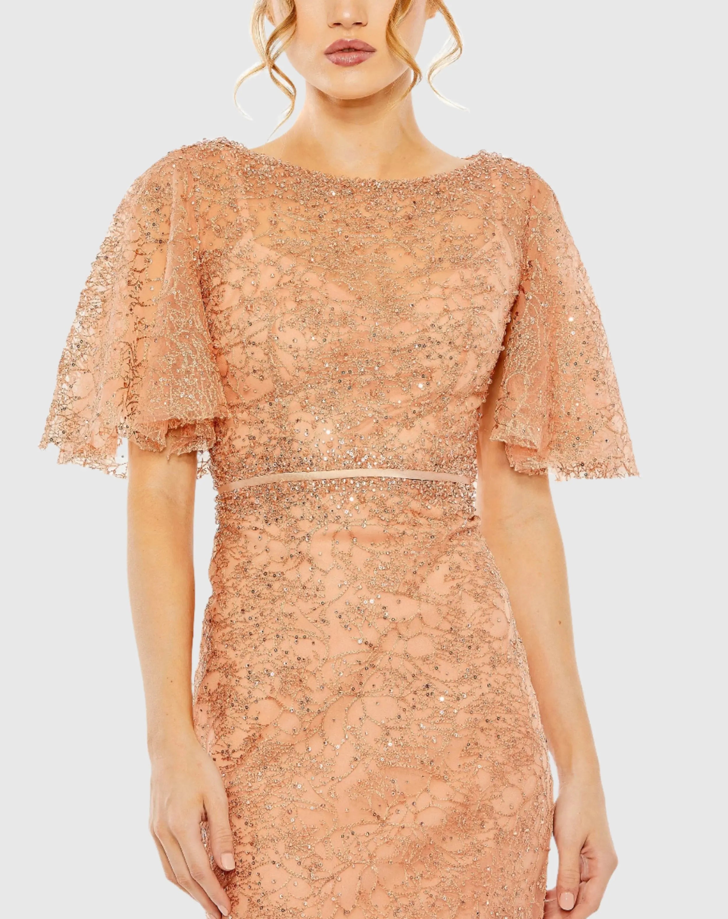 Orange Embellished Neck Butterfly Sleeve Trumpet Gown - FINAL SALE