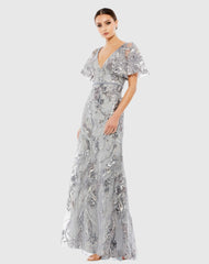 Gray Embellished V Neck Butterfly Sleeve Trumpet Gown