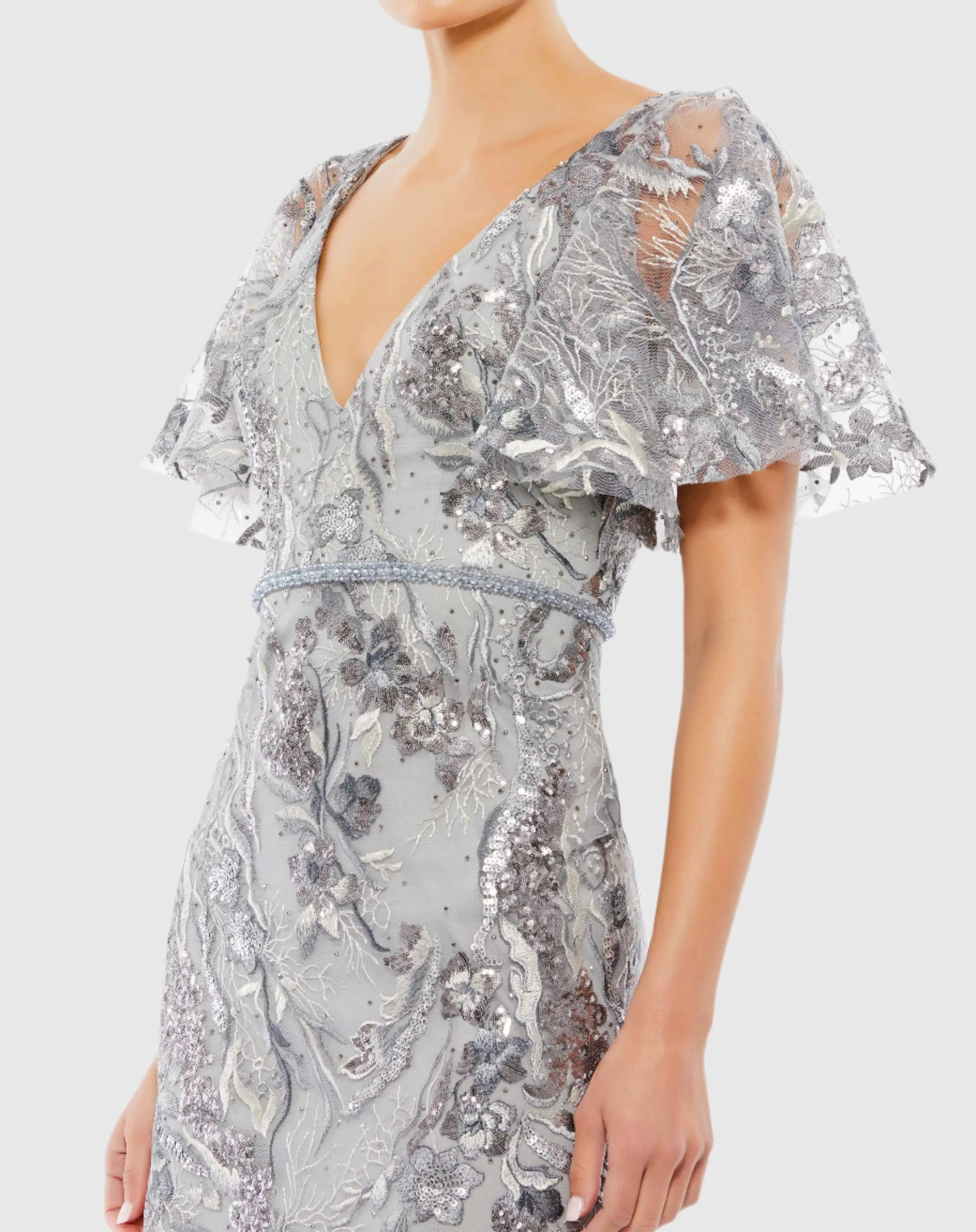 Gray Embellished V Neck Butterfly Sleeve Trumpet Gown