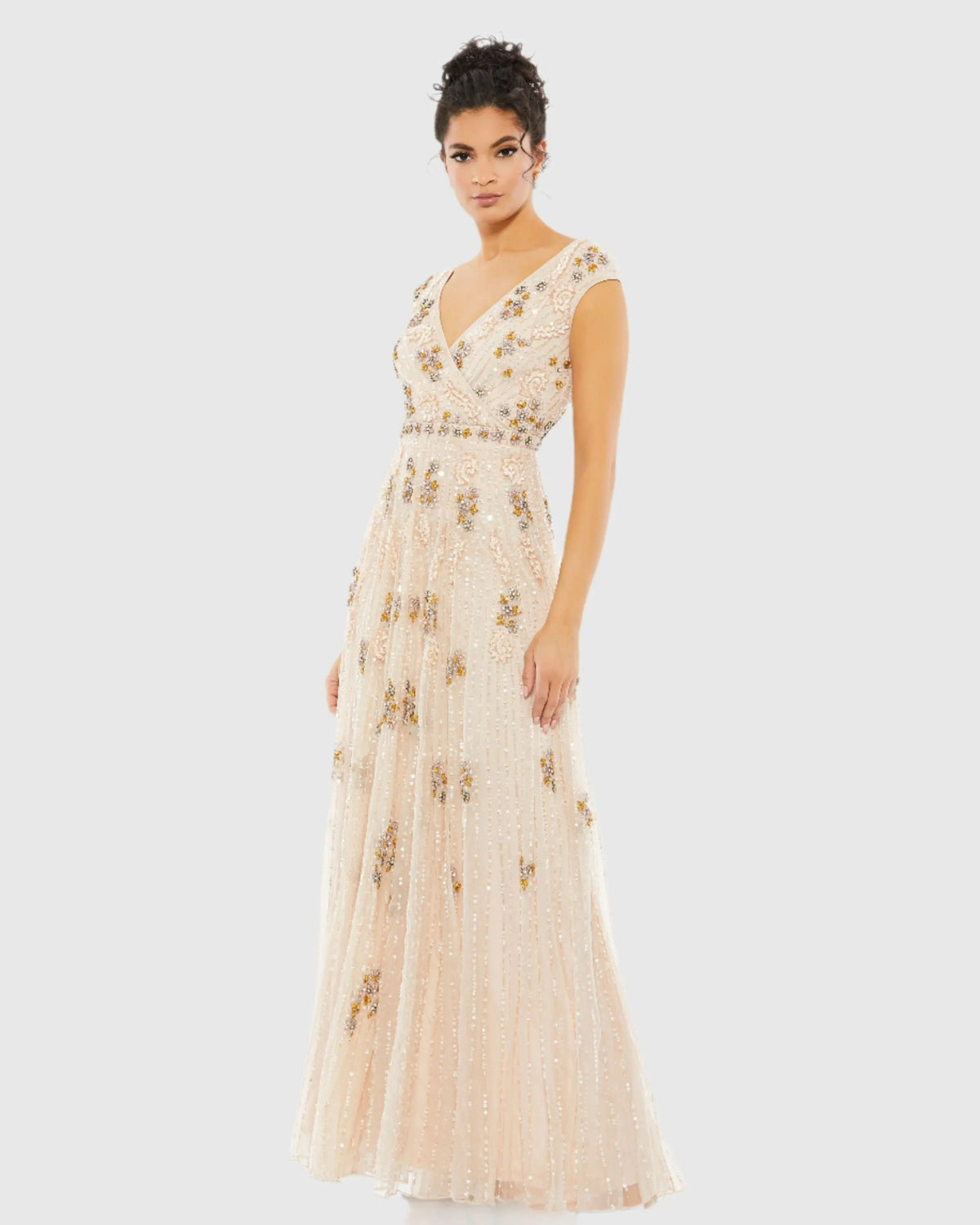 Pink Embellished Wrap Over Cap Sleeve A-Line Gown