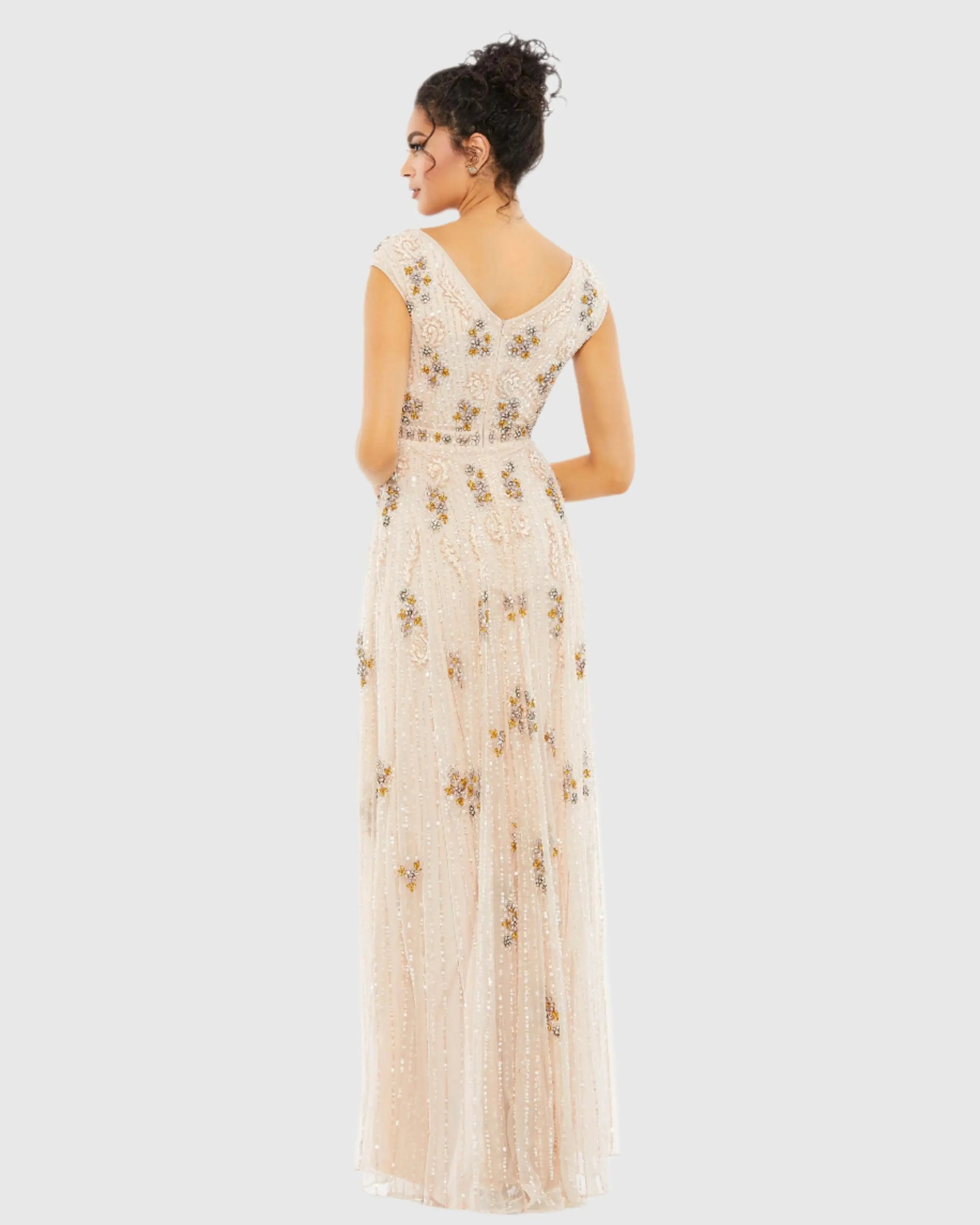 Pink Embellished Wrap Over Cap Sleeve A-Line Gown