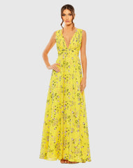 Yellow Floral Print V-Neck Ruched Gown - FINAL SALE