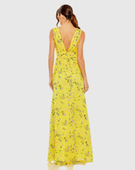 Yellow Floral Print V-Neck Ruched Gown - FINAL SALE