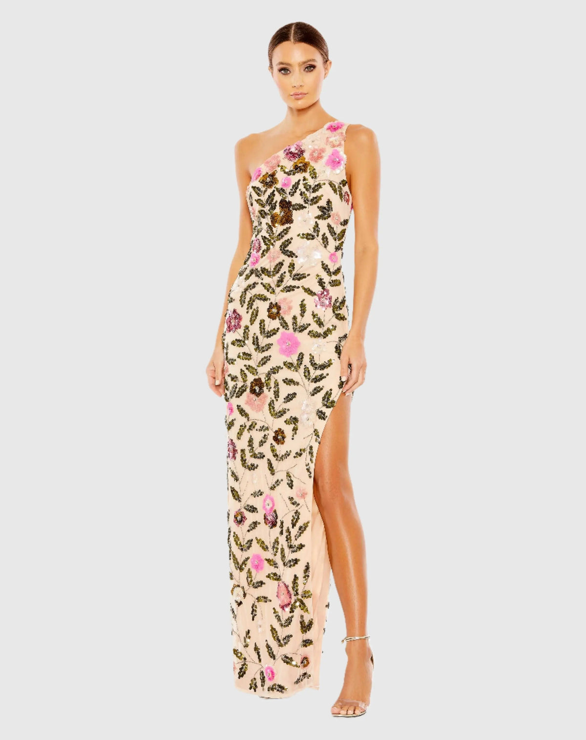 Beige Floral Sequined One Shoulder Column Gown