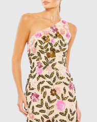 Beige Floral Sequined One Shoulder Column Gown