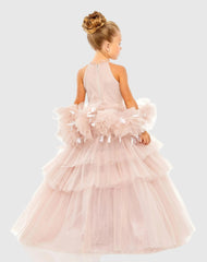 Girls High Neck Tulle Dress with Feather Detail