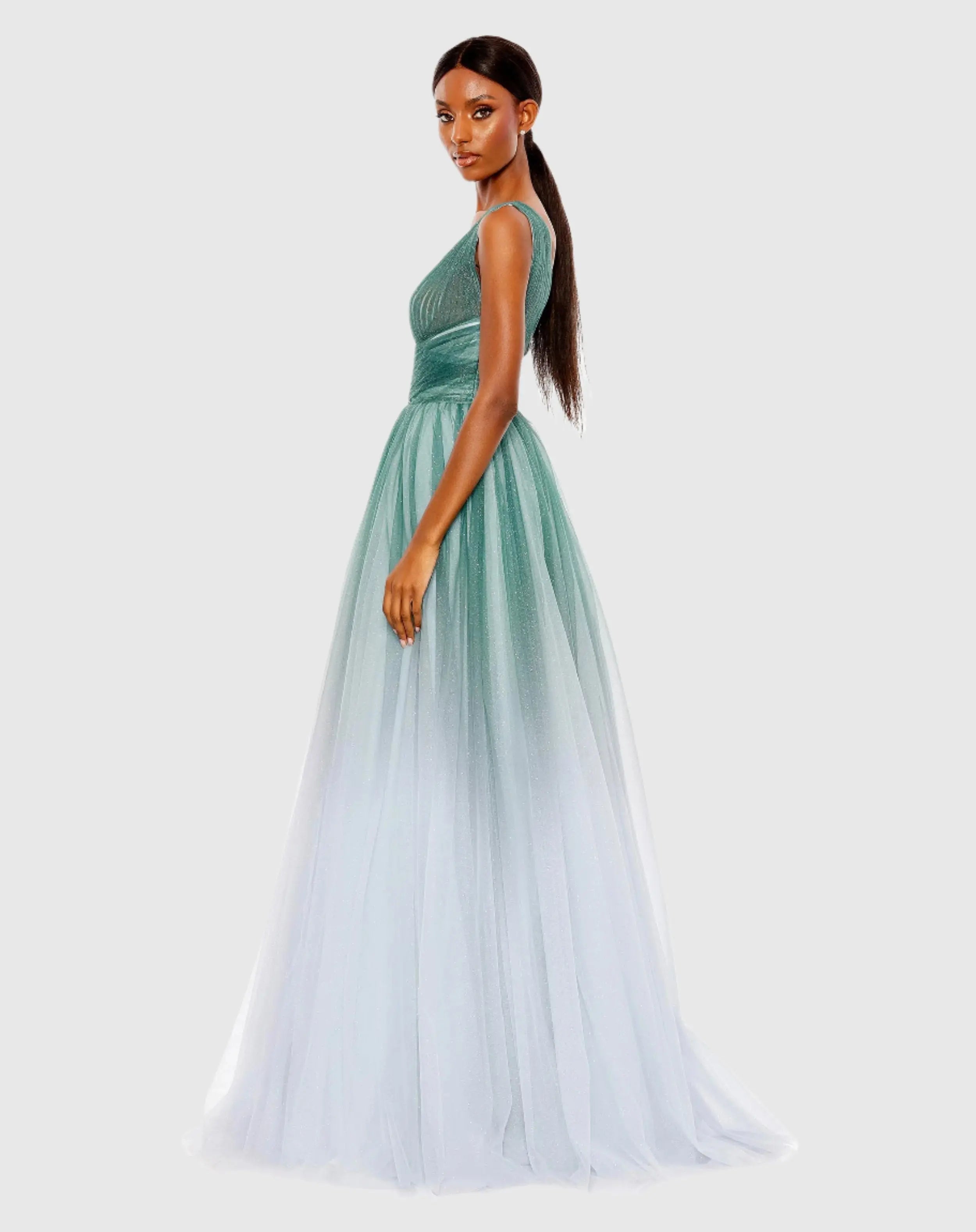 Green Glitter Ombre V Neck Sleeveless Gown