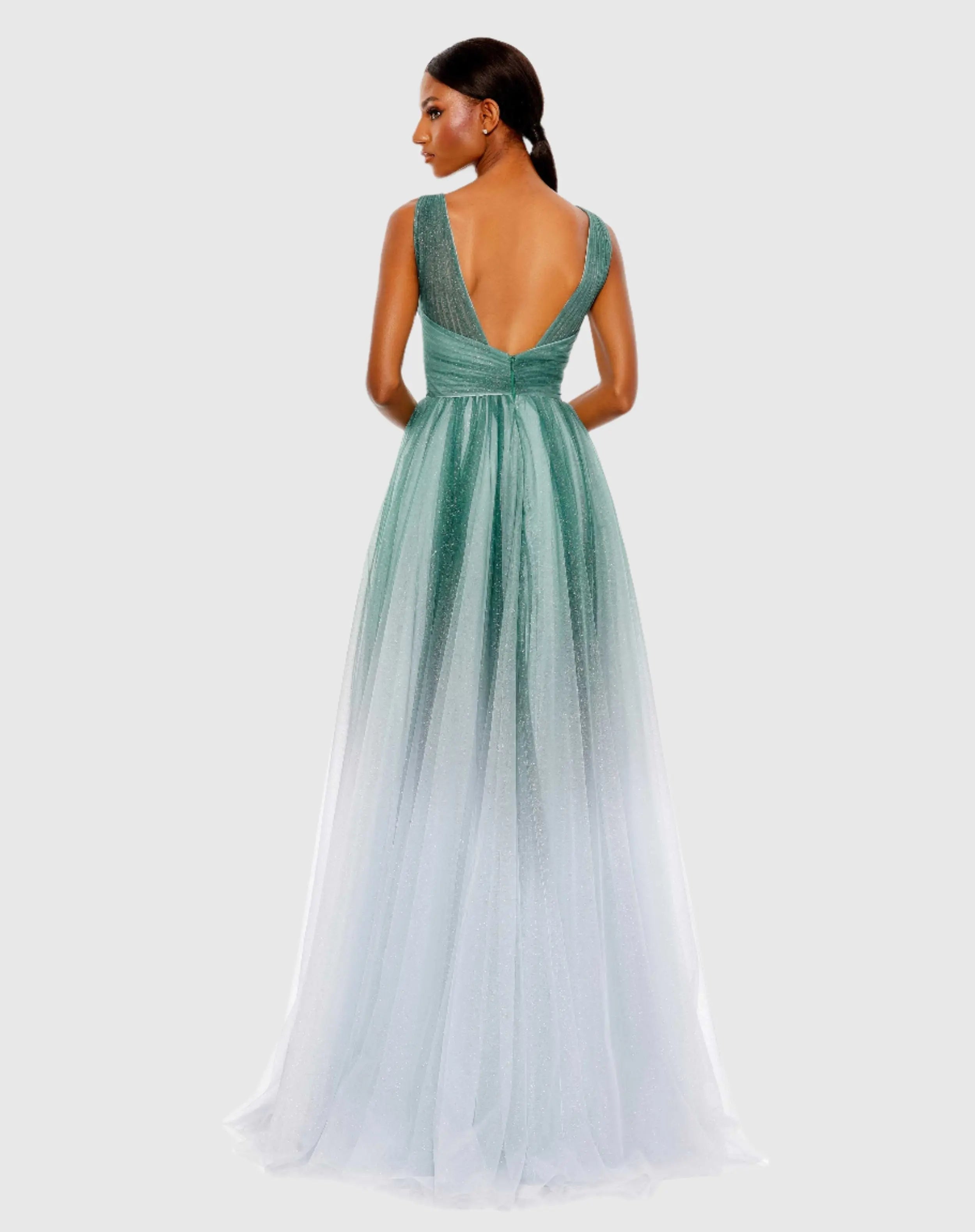 Green Glitter Ombre V Neck Sleeveless Gown