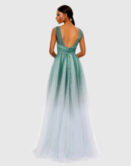 Green Glitter Ombre V Neck Sleeveless Gown