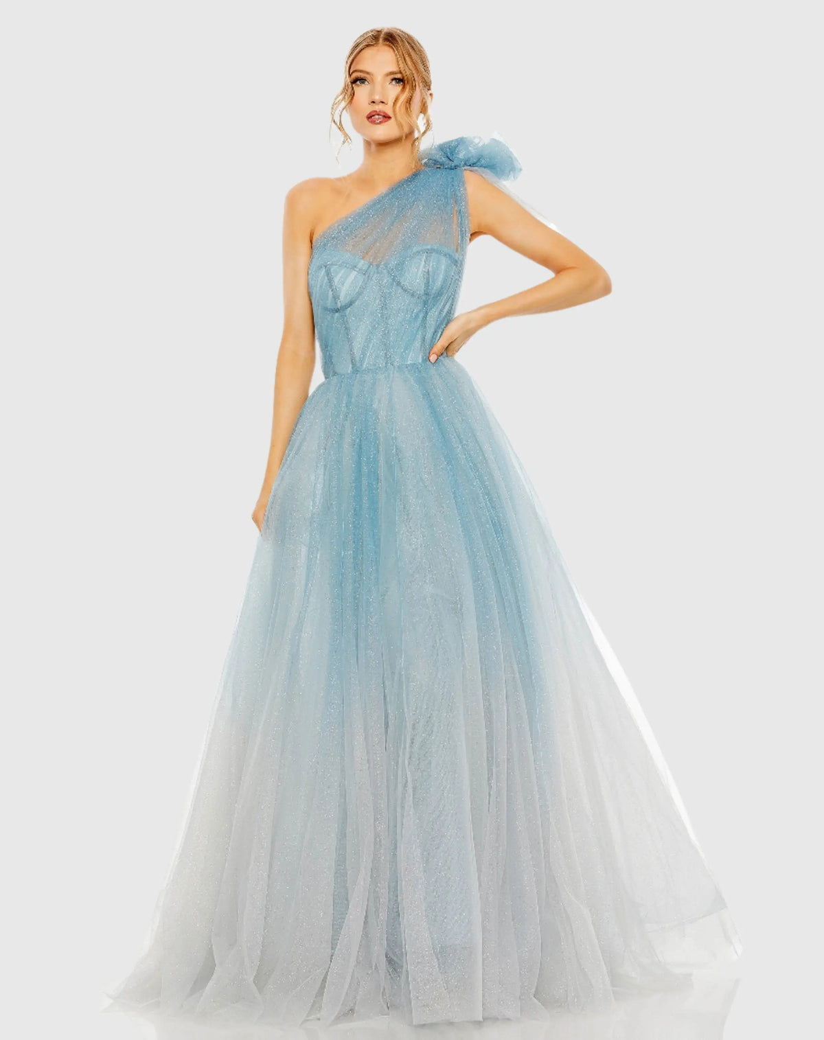 Blue Glitter One-Shoulder Ombre Gown with Bow
