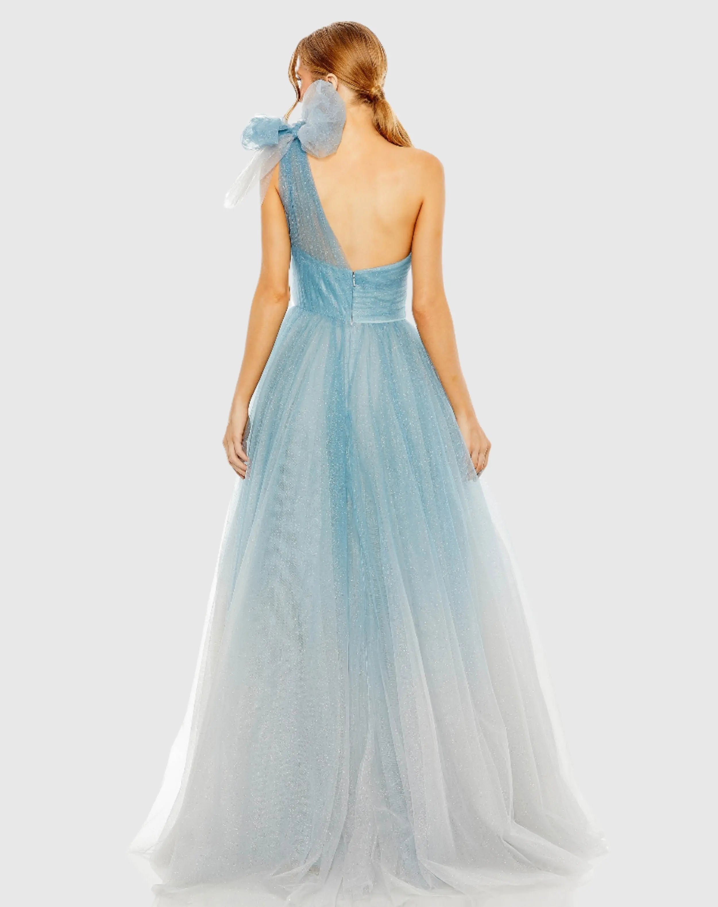 Blue Glitter One-Shoulder Ombre Gown with Bow