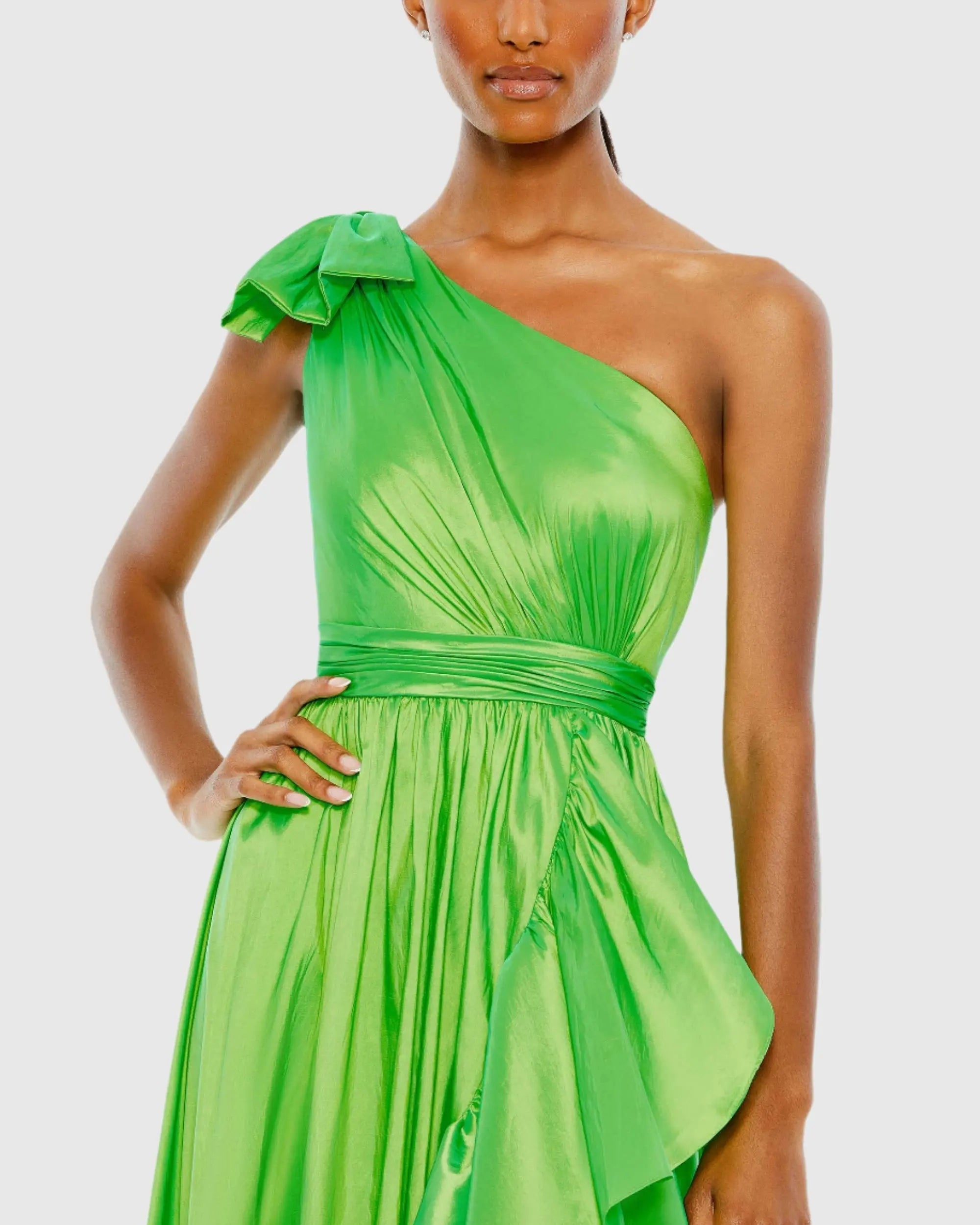 Green Bow One Shoulder Ruffle Asymmetrical Hem Gown