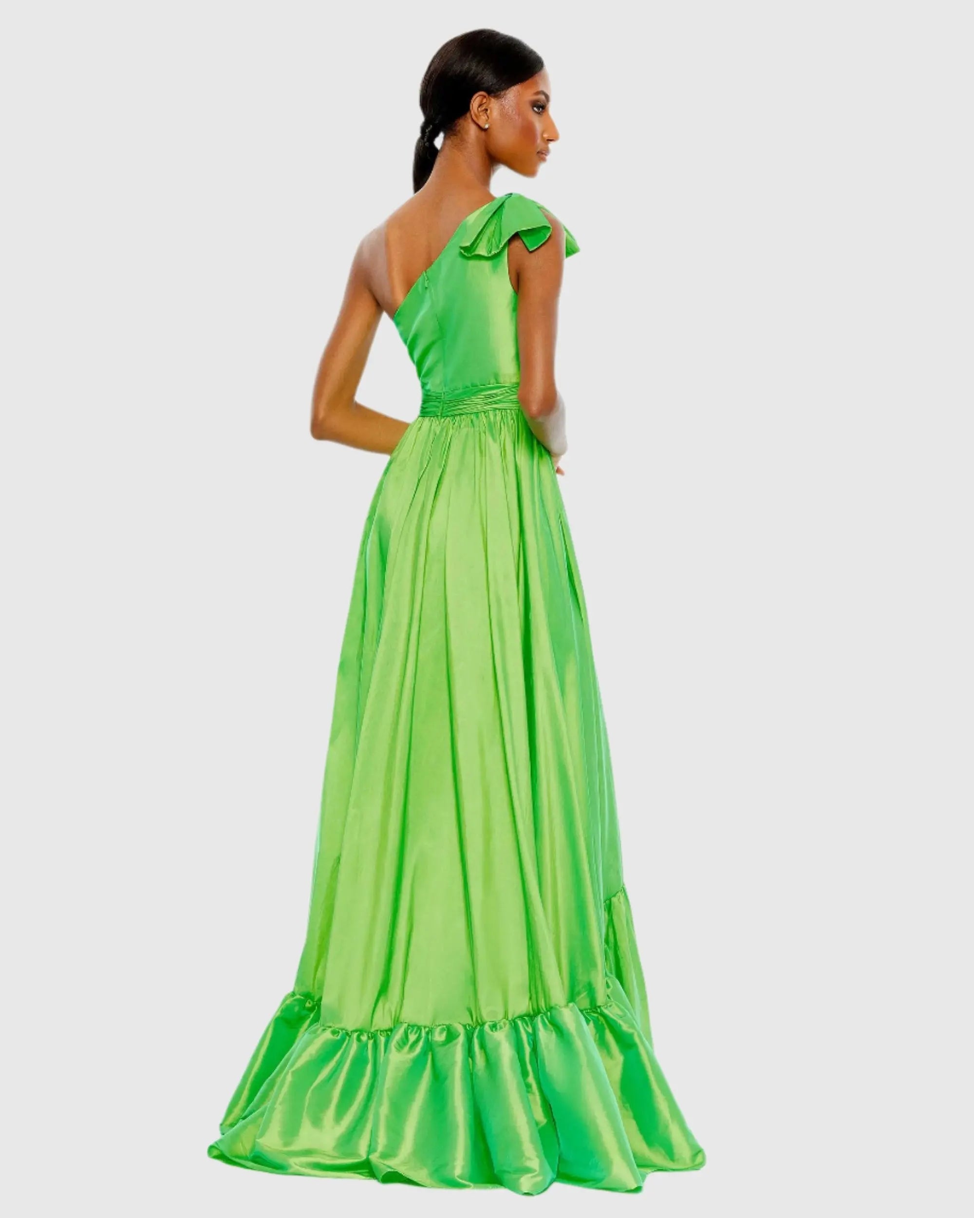 Green Bow One Shoulder Ruffle Asymmetrical Hem Gown