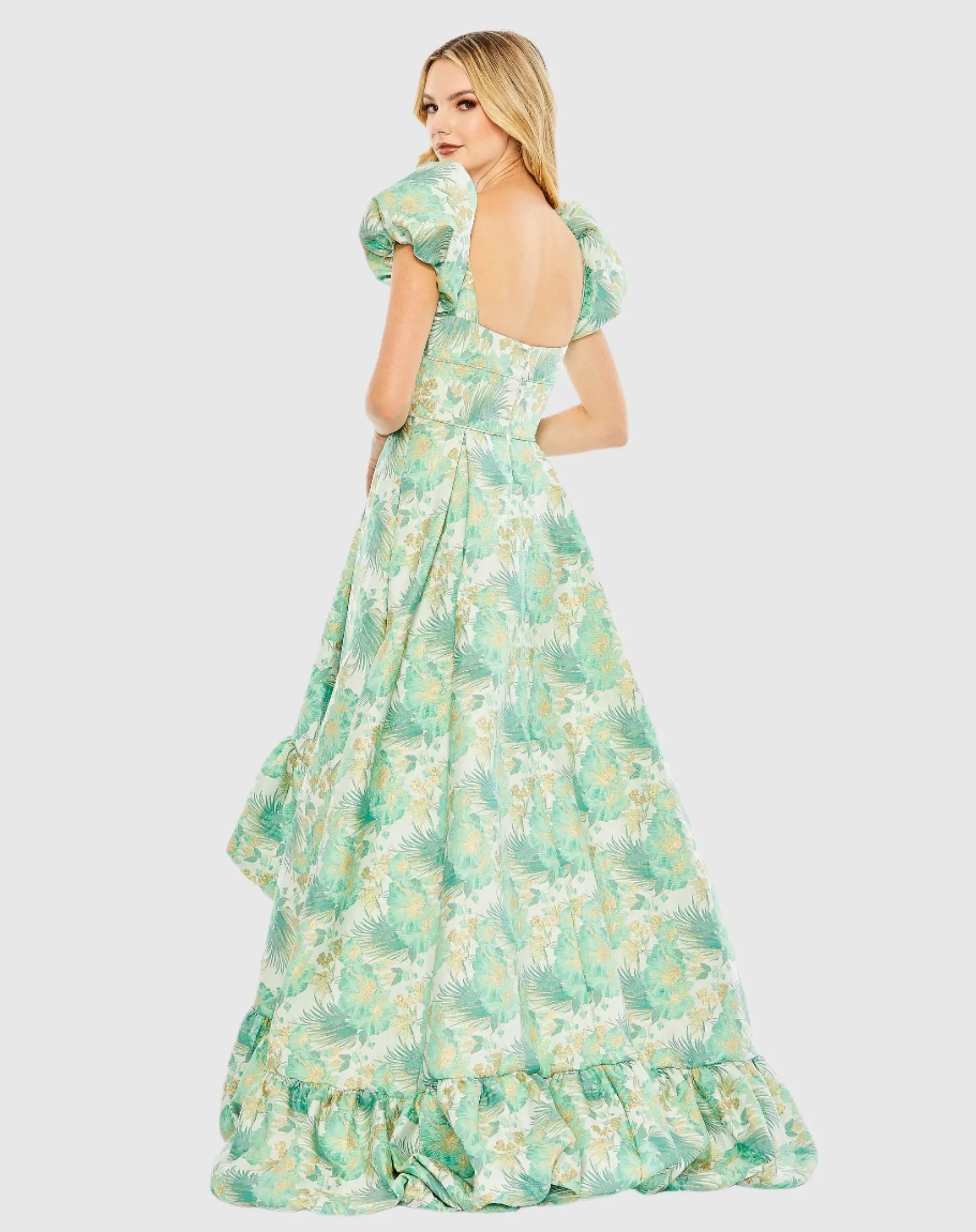 Green Floral Print Puff Sleeve High Low Brocade Gown