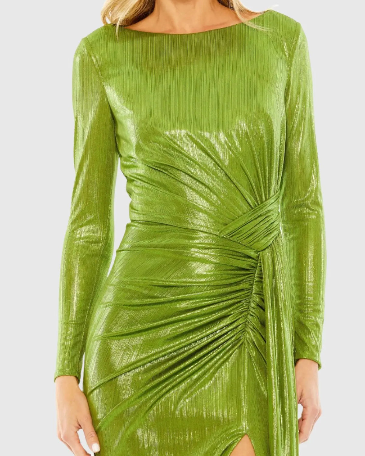 Green Long Sleeve Gathered Waist Metallic Gown
