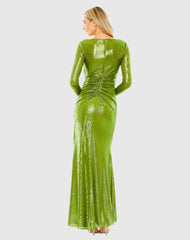 Green Long Sleeve Gathered Waist Metallic Gown