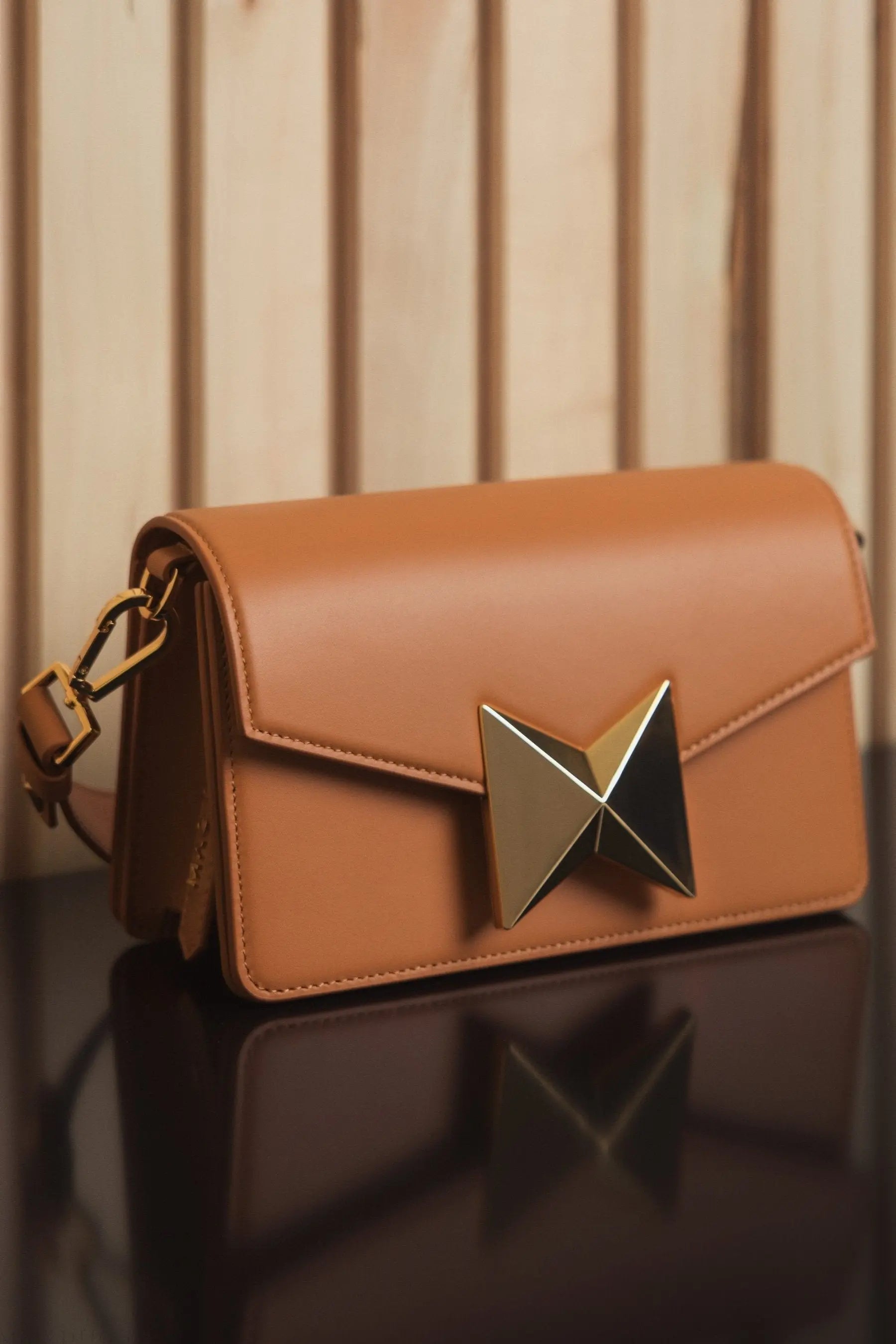 Brown Mini Leather Shoulder Handbag With Gold Hardware