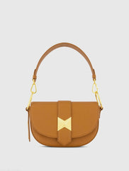Brown Grain Leather Saddle Bag With Gold Hardware