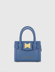 Blue Small Leather Tote Bag With Gold Hardware