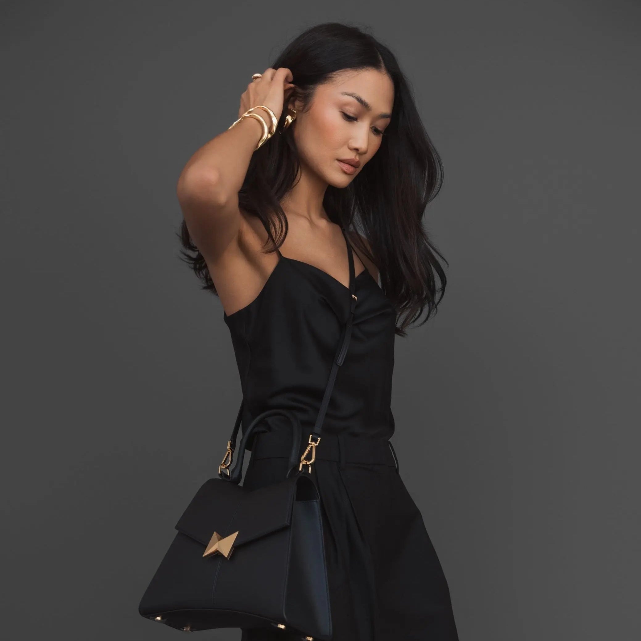 Black Medium Angular Leather Handbag With Gold Hardware