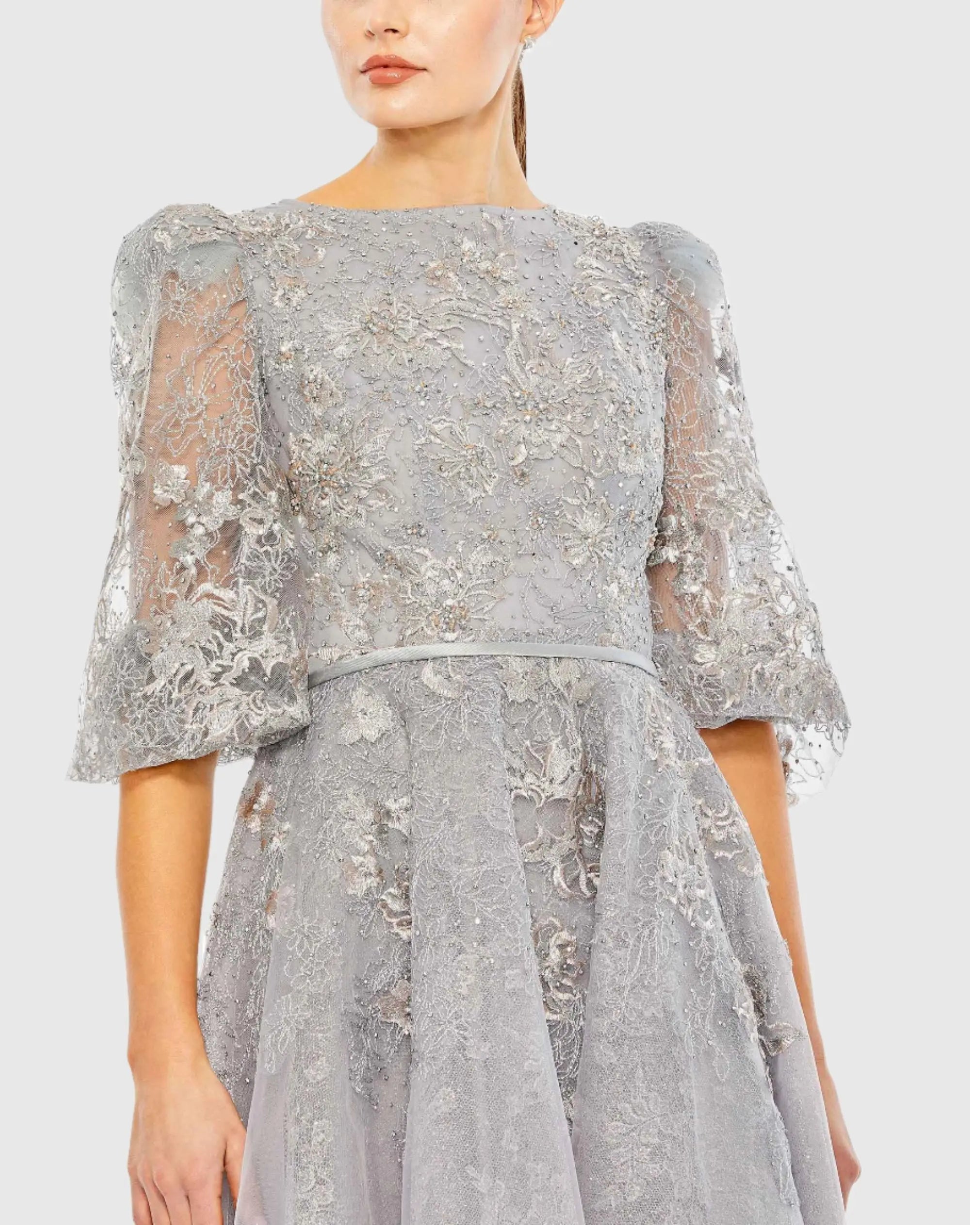 Gray High Neck Puff Sleeve Embellished Dress